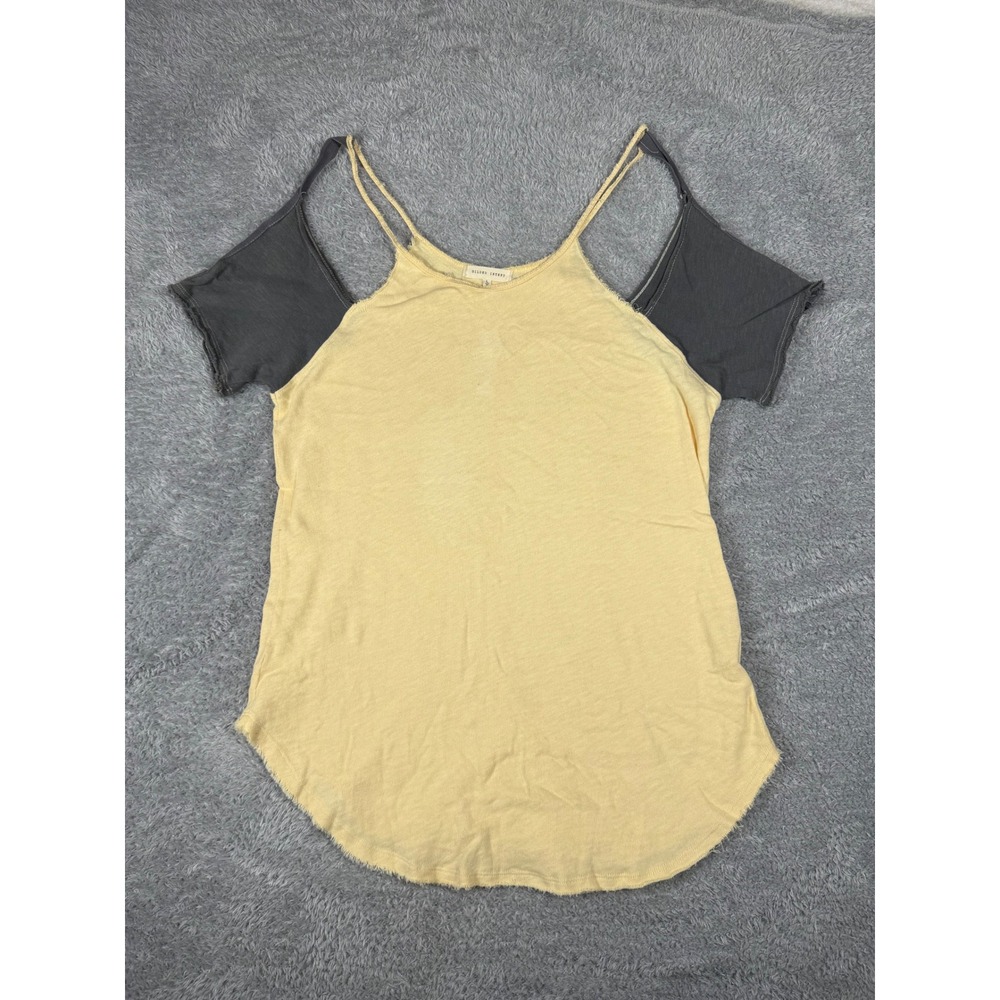 Gilded Intent Cold Shoulder Top Large Yellow Grey Good Distressed Boho Festival